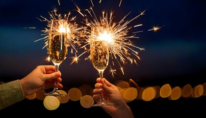 Mano sosteniendo una copa de champán con bengalas en una celebración nocturna al aire libre