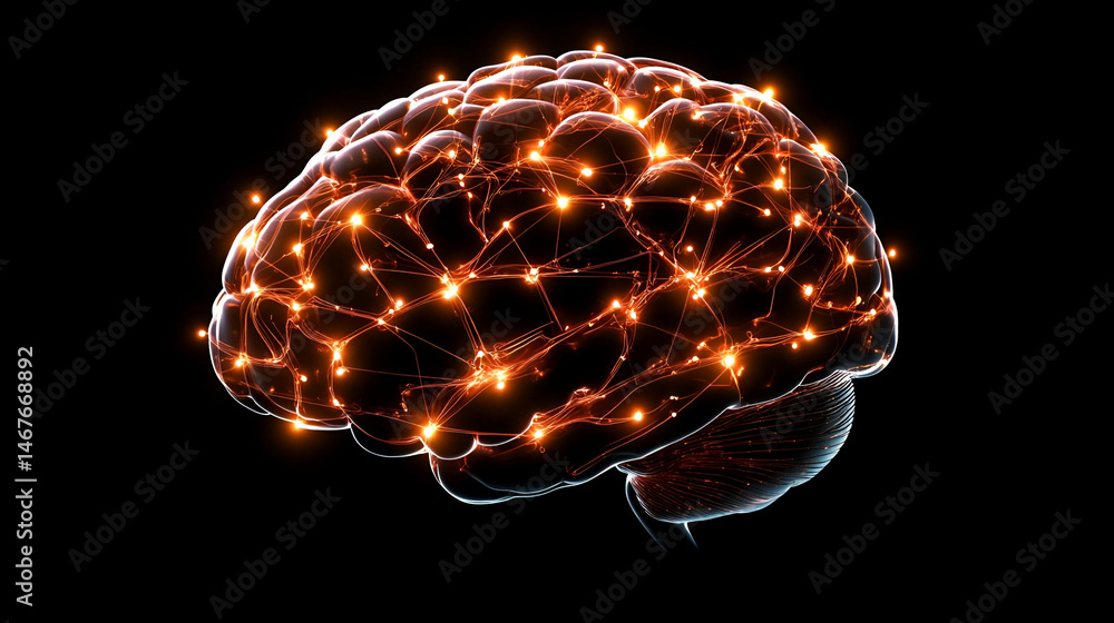 Poster glowing orange brain neural network 3d rendering