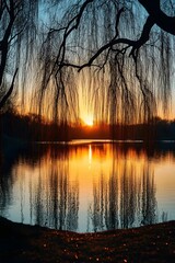 Willow trees hanging by the lake in the sunset glow