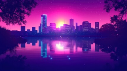 Fototapeta premium Neon City Skyline Reflection at Sunset with Vibrant Pink and Purple Hues