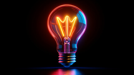 Light bulb glowing with neon colors against black background, creative energy and innovation concept for business ideas