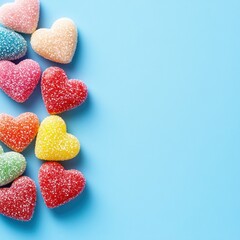 Colorful heart-shaped candies on a light blue background (6)