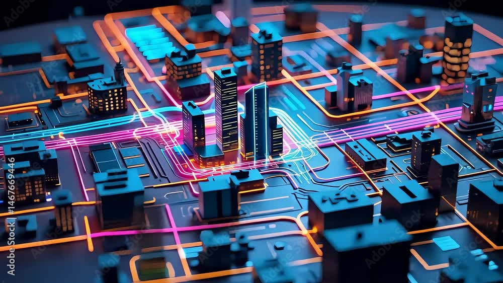 Aufkleber a futuristic cityscape with illuminated network connections, depicting a glowing urban infrastructur
