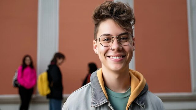 teenage trans high school student posing at his high school front yard	