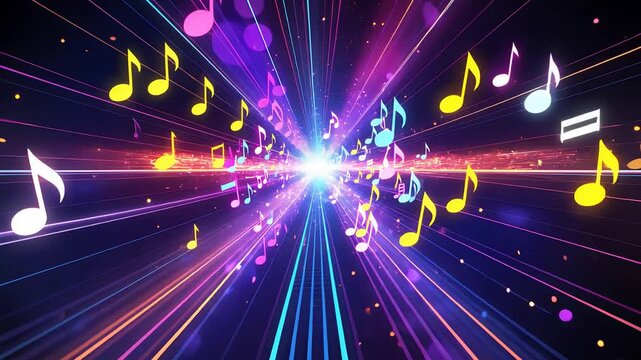 An abstract music visual of colorful notes bursting into dynamic beams of light, creating a vibrant and energetic display of sound and motion.

