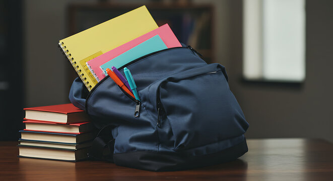 Prepared School Essentials: A neatly arranged backpack overflows with colorful supplies like notebooks and pens next to a stack of classic literature books, setting the stage for educational pursuits.