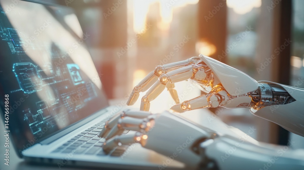 Poster robotic hand typing on laptop with digital interface background