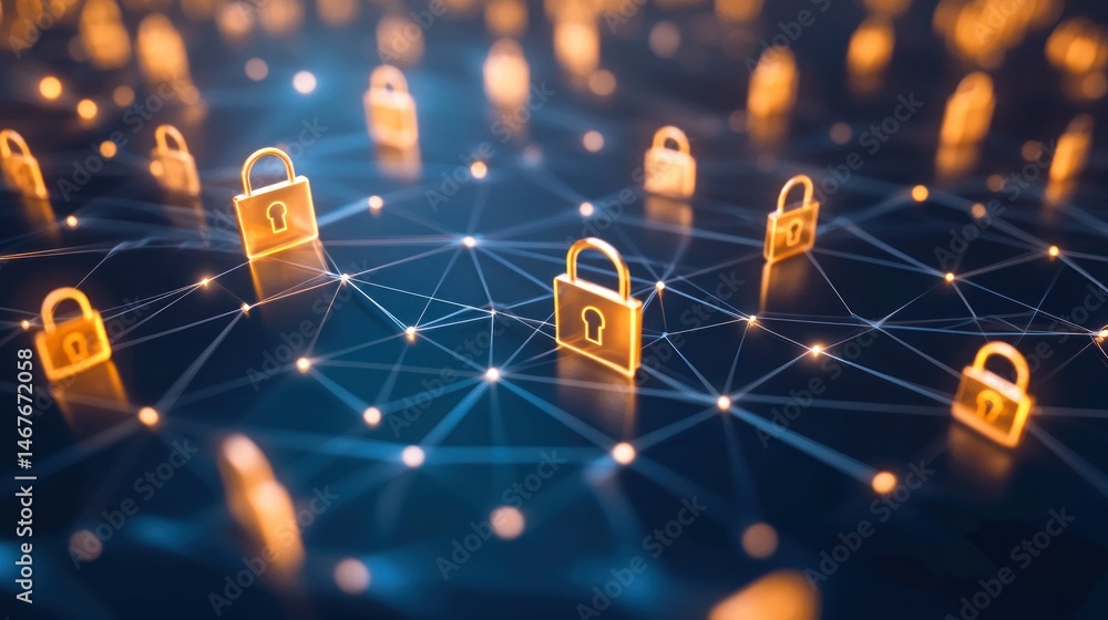 Poster digital network with glowing padlocks symbolizing security
