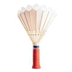 Decorative handheld fan made of paper and bamboo with intricate design and vibrant colors in a bright setting