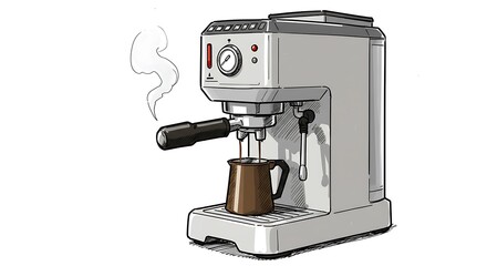 Making Espresso Coffee with Machine and Steaming White Smoke