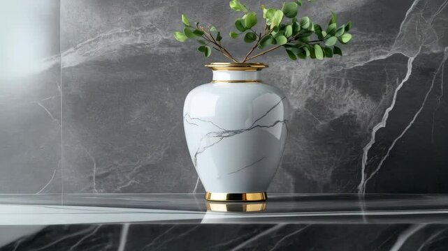 Elegant marble vase with greenery against a sleek gray background  