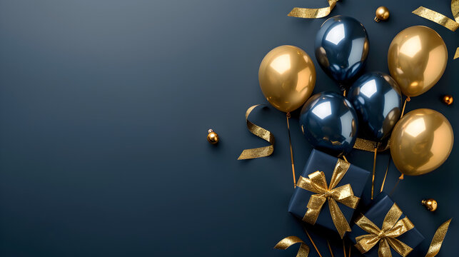 Blue and gold balloons and gifts on a blue background with space for text, men's birthday banner with copy space