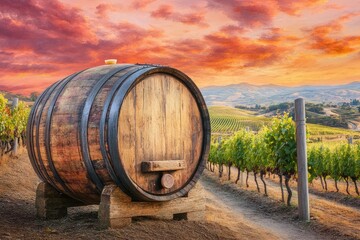 Obraz premium Wooden barrel in vineyard at sunset (3)