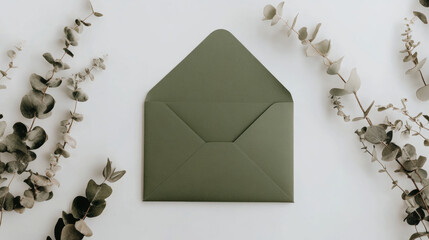 flat lay, an open green olive-color envelope on white background 