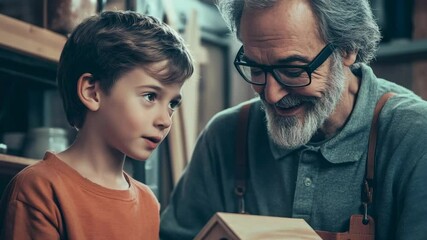 Boy learning woodworking from his grandpa, constructing birdhouse together in workshop. Intergenerational education and craft project indoors.