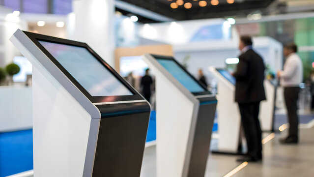 Metaverse Interactive kiosks in a modern exhibition space with people in the background.