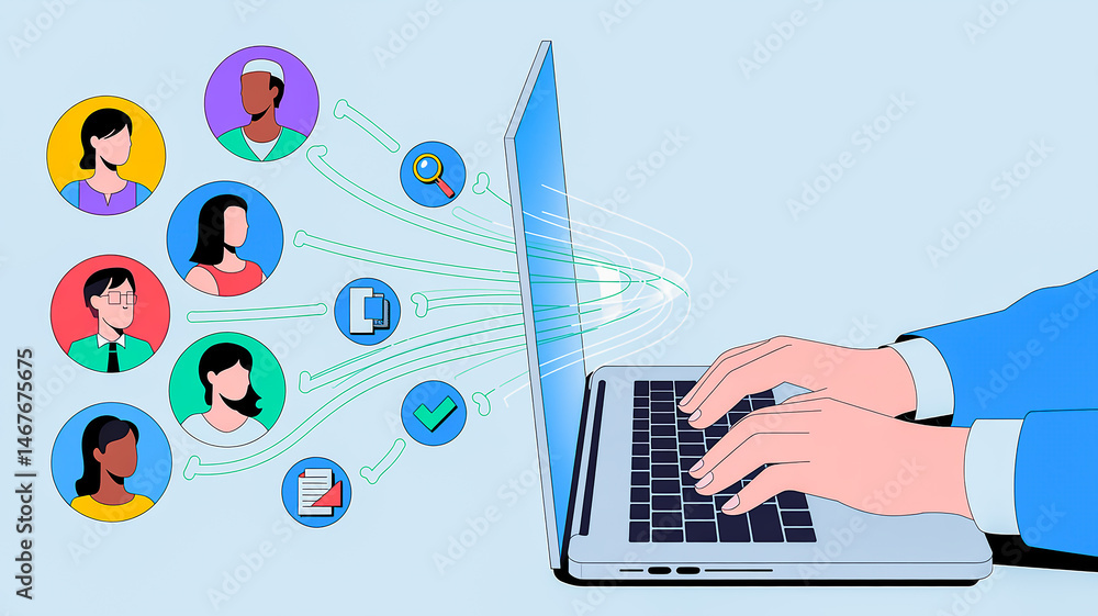 Poster telework & network technology online business communication from a top view of a businessman using a