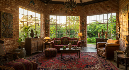 Fototapeta premium red brick walls room with glass windows