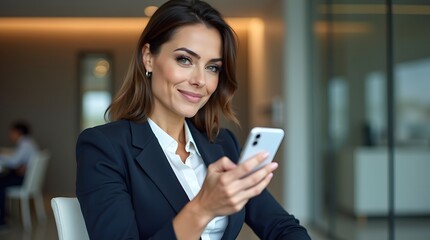 Fototapeta premium A confident young Caucasian woman in a business suit smiles while using her smartphone in a modern office setting.