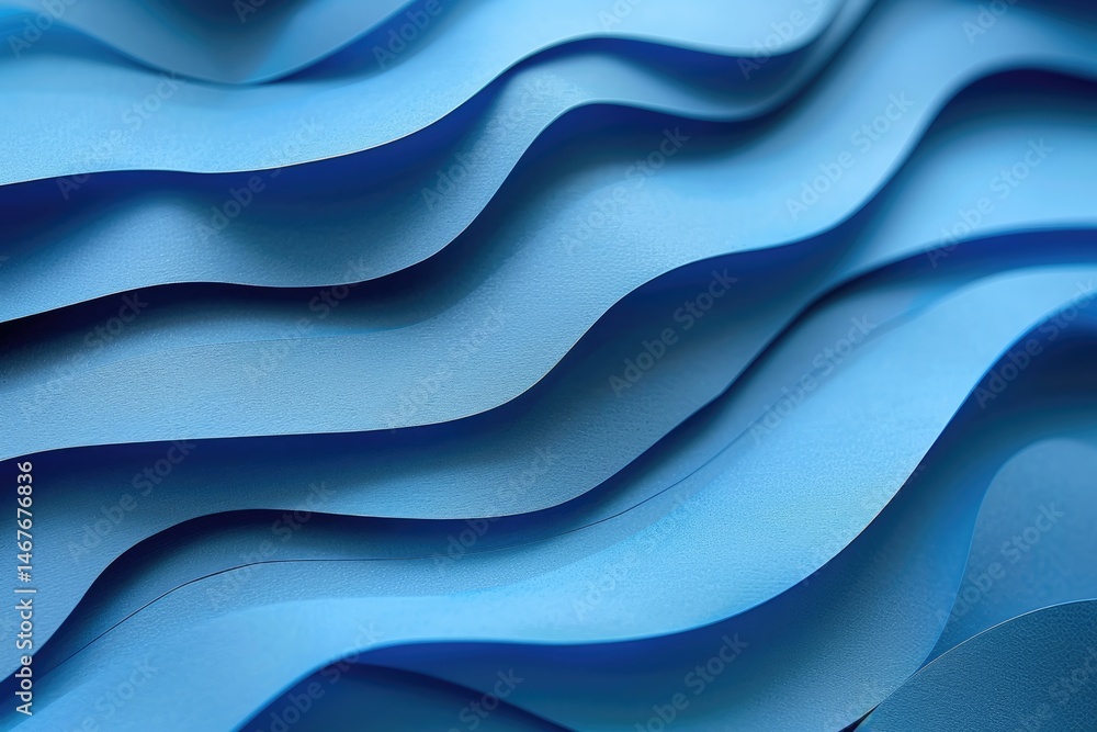 Poster wavy blue layered paper texture. 3d rendering artwork of blue line in minimalist style. abstract pho
