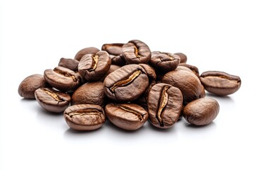 Fototapeta premium Roasted coffee beans isolated on white background showcasing texture, aroma, and natural freshness for coffee lovers