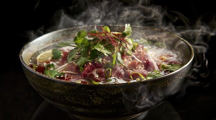 Steaming bowl of hot soup with fish