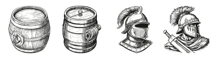 Vintage Illustrations of Knights, Barrels, and Armor Designs, vector illustration, engraving design, logo design set, black and white line, template design element