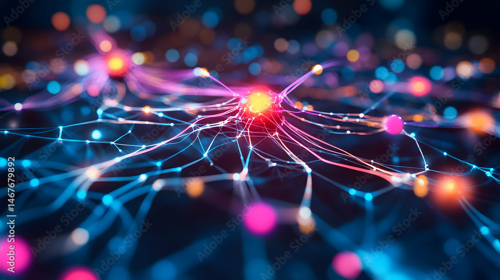 Poster interconnected network of light points: abstract visualization of connection