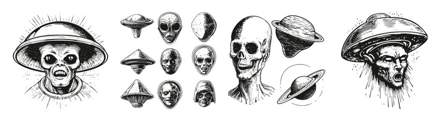 Intriguing Alien Faces, Spaceships, and Planetary Elements Illustration, vector illustration, engraving design, logo design set, black and white line, template design element