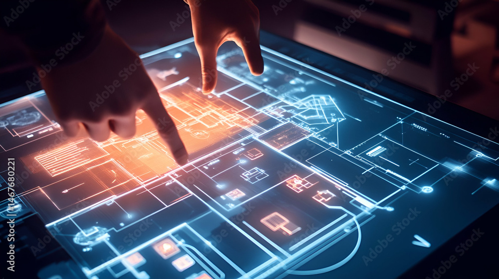 Poster hands interacting with futuristic digital interface showing glowing blueprint