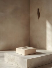 Wooden carved boxes and magazines on modern display shelves