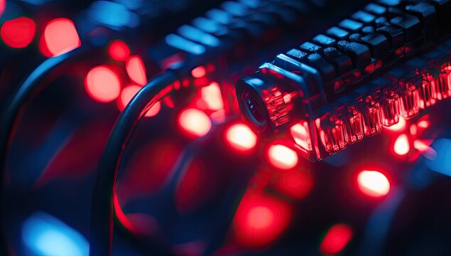 Close-up of intricate computer components, bathed in vibrant red and blue light.  Complex circuitry and cables are highlighted