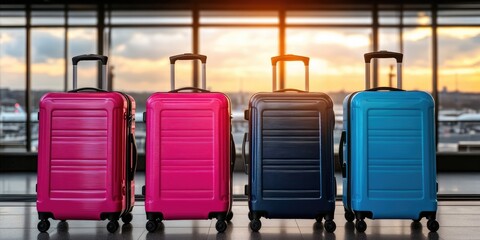 Fototapeta premium Four colorful suitcases at airport terminal