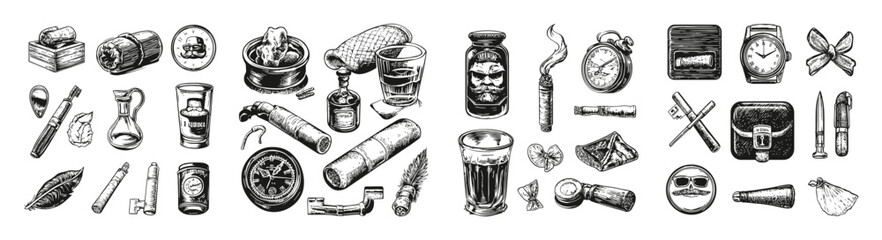 Vintage Silhouettes of Retro Items Including Watches and Cigarettes, vector illustration, engraving design, logo design set, black and white line, template design element