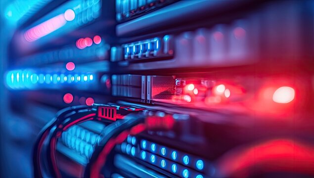 Server rack with glowing components.  Detailed close-up view of network equipment