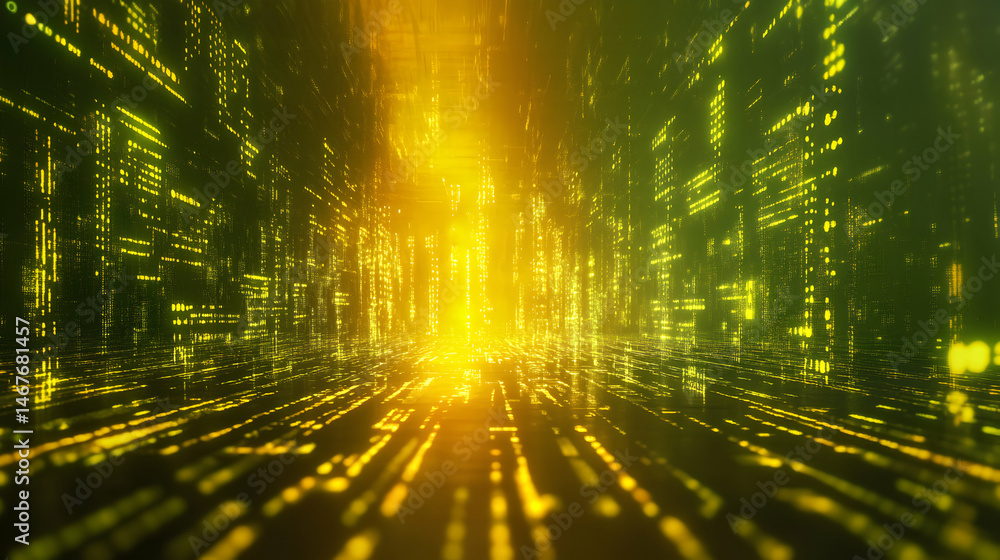 Poster illuminated digital cityscape with glowing data streams and light burst