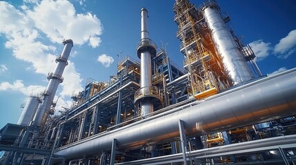 Large petrochemical plant with towers, storage tanks, and pipelines under blue sky.