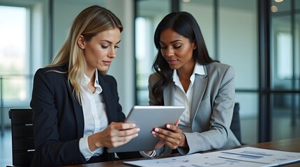 Two professional women engaged in a discussion over a tablet in a modern office setting.