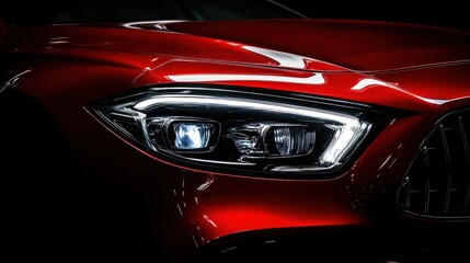 Close-up of a sleek red car headlight showcasing modern design (1)