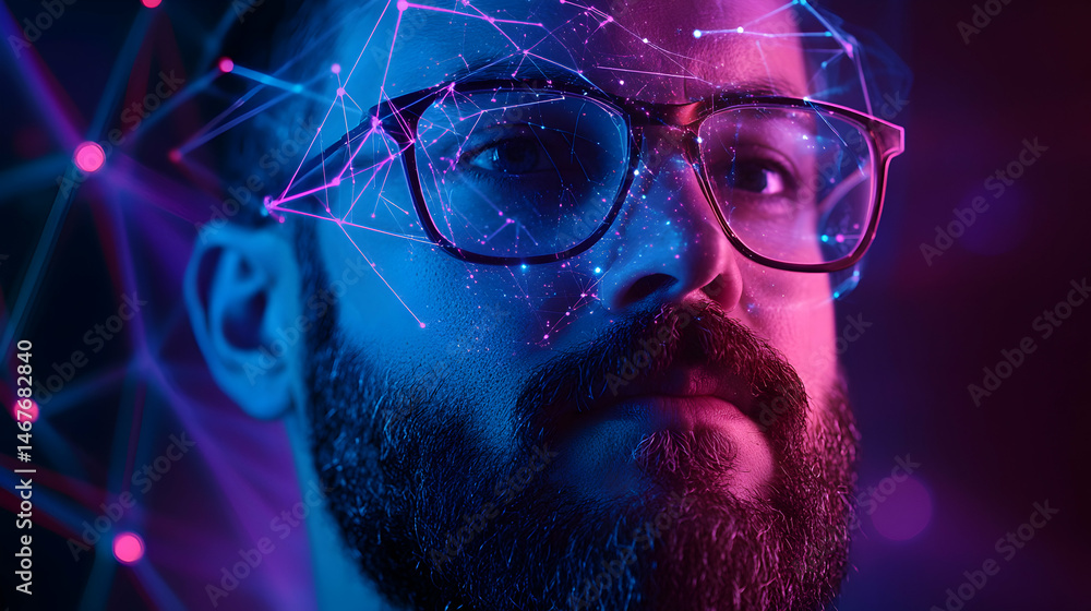 Poster man with connected dots overlaid, symbolizing connectivity and technology