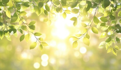 Fototapeta premium Fresh green leaves bathed in sunlight, bokeh background. Soft light filters through foliage, creating a vibrant, natural image