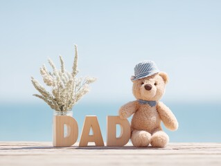 Toy bear is sitting on a wooden board with the letters DAD, celebration of Fathers Day