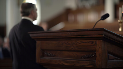 Serious politician delivering speech at wooden podium during conference, passionate public speaker addressing important social issues, leadership and political campaign concepts