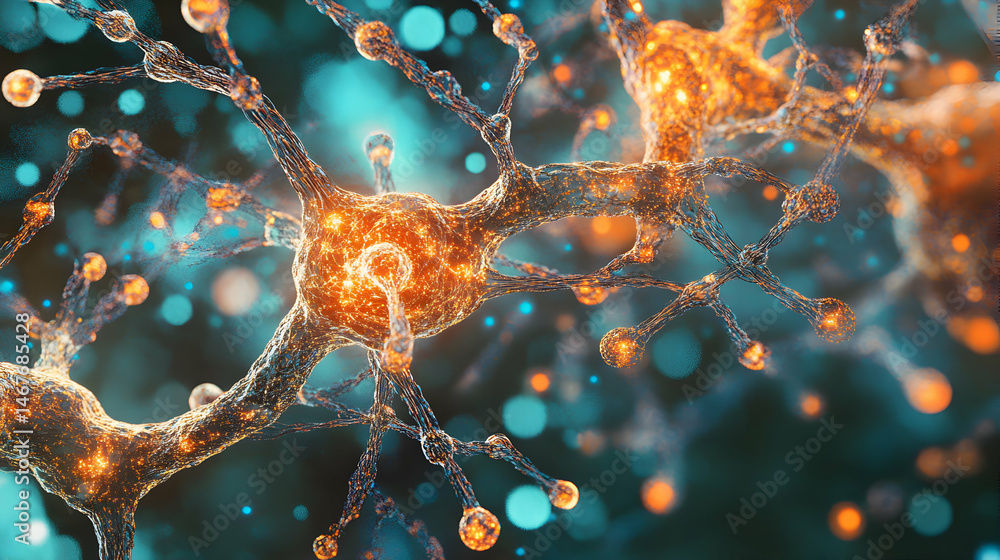Poster abstract illustration of interconnected neural network with glowing light effects