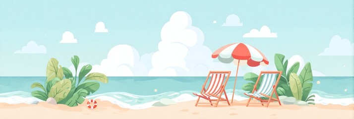 Obraz premium Beach scene with two beach chairs and an umbrella.