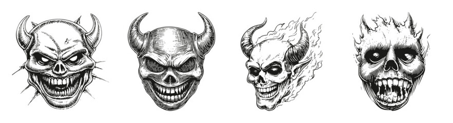 Vintage Tattoo Style Skull and Demon Head Illustrations in Black and White, vector illustration, engraving design, logo design set, black and white line