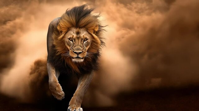 Lion's Majestic Run, A powerful predator amidst a whirlwind of dust