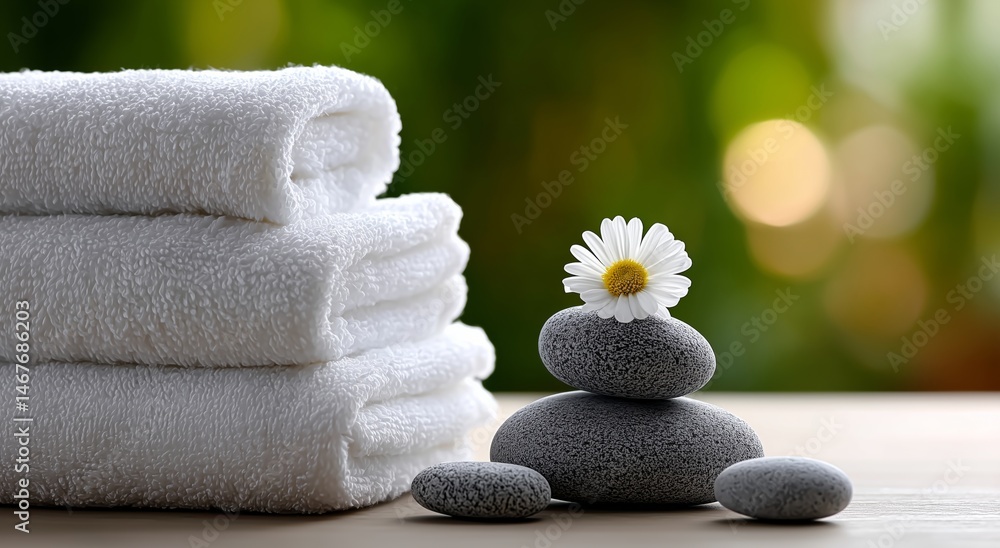 Poster relaxing spa setting with stacked stones and towels in serene environment during daylight