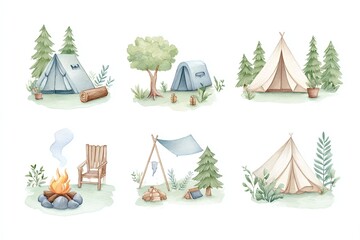 Set of six watercolor drawings of a campsite.