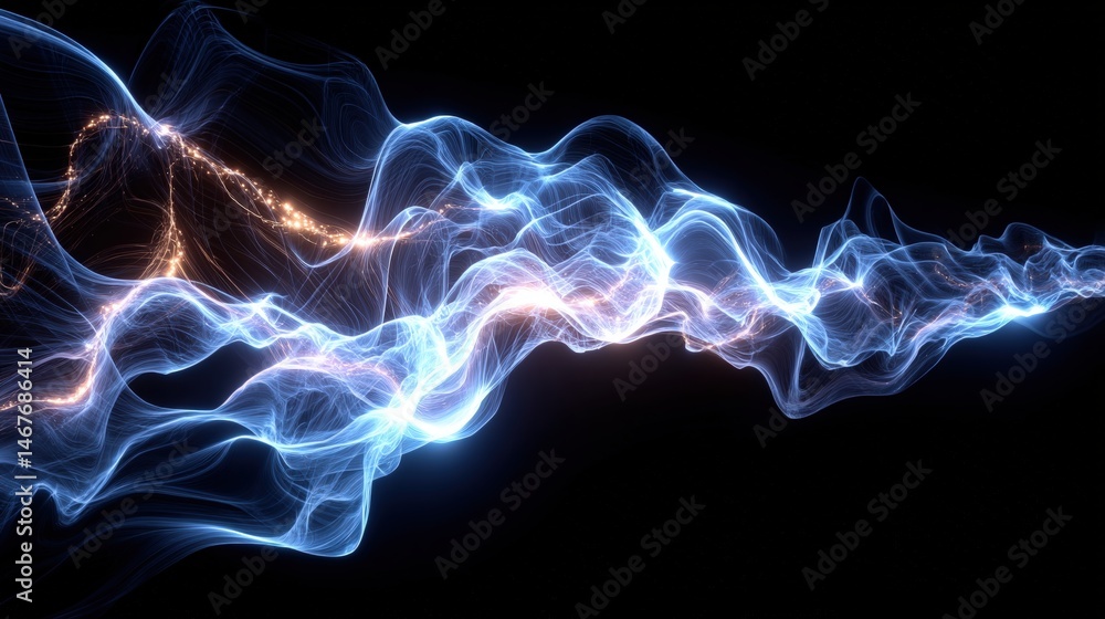 Poster abstract light waves creating dynamic visual patterns against a dark background.